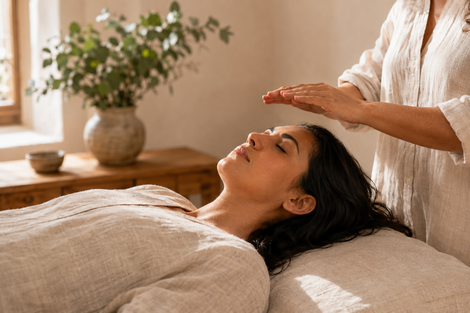 Sessão de Reiki em ambiente sereno e iluminado